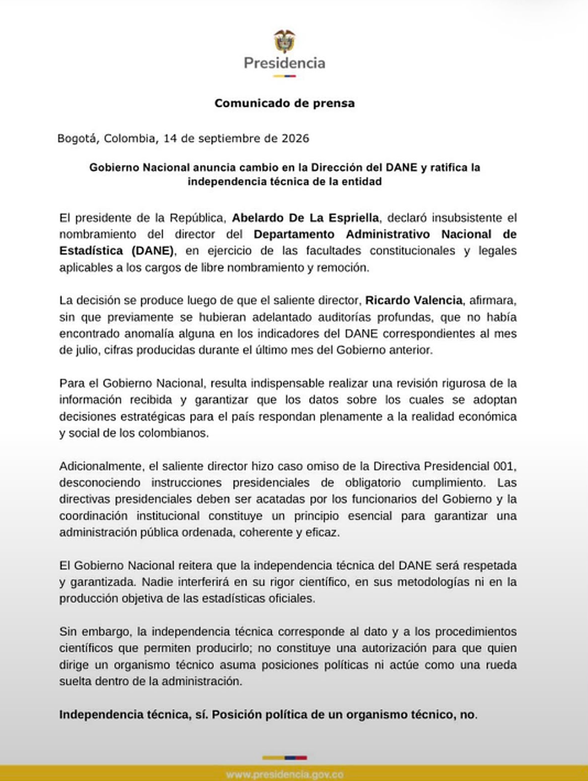 Comunicado de prensa emitido por parte del Gobierno Nacional en el que se declara insubsistente a Ricardo Valencia. Créditos: Presidencia